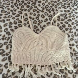 Cream Knit Fringe Crop Top